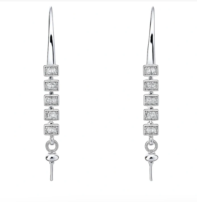 CZ Rectangle Linear Drop Pearl Earrings