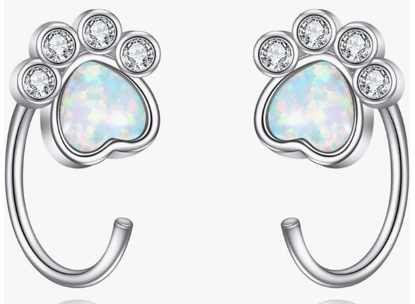 Paw Half Hoop Earrings 925 Sterling Silver Paw Print Opal Stud Earrings