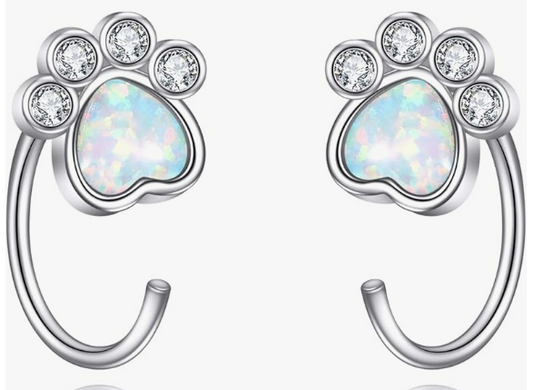 Paw Half Hoop Earrings 925 Sterling Silver Paw Print Opal Stud Earrings