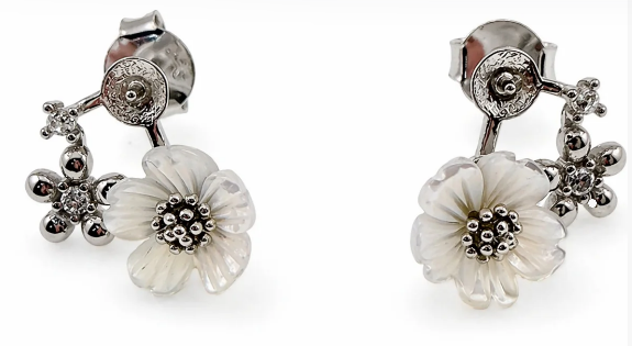 Sterling Silver Oyster Shell White Flower Earrings