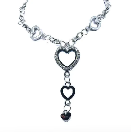 Glass Locket Pendant Magnetic - Dual Heart Dangle Rhinestone