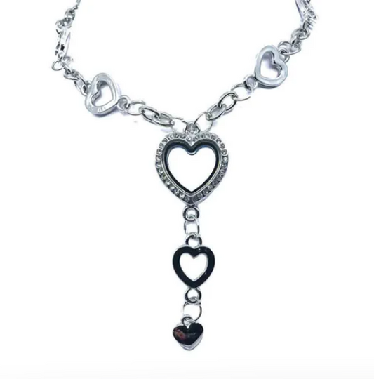 Glass Locket Pendant Magnetic - Dual Heart Dangle Rhinestone