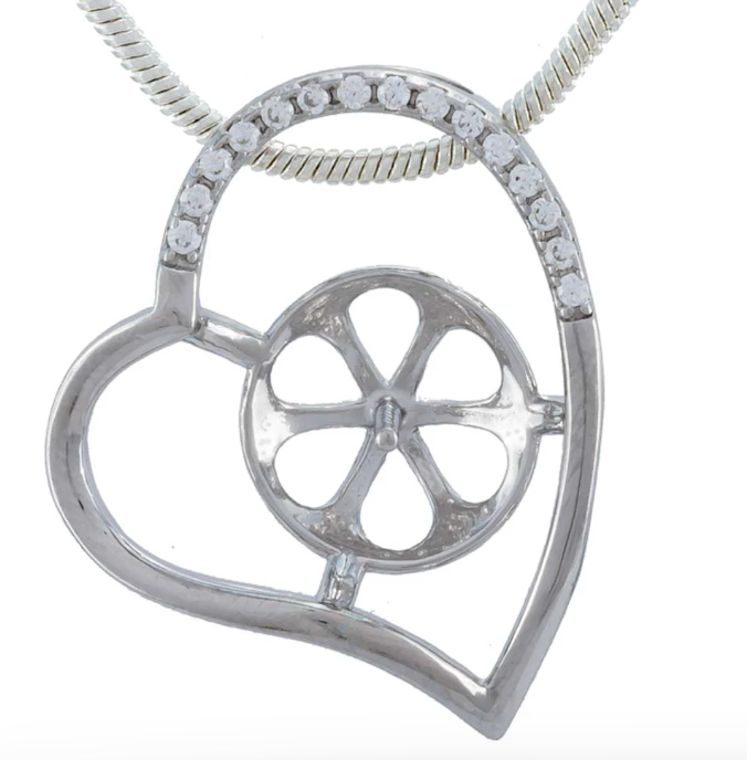 925 Sterling Silver Heart Pearl Pendant Mount with Oyster Opening