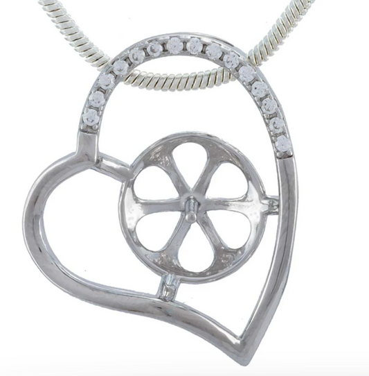 925 Sterling Silver Heart Pearl Pendant Mount with Oyster Opening