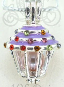 Purple Cupcake Pearl Cage Pendant Necklace – Sterling Silver Plated with Multicolor Crystal Sprinkles